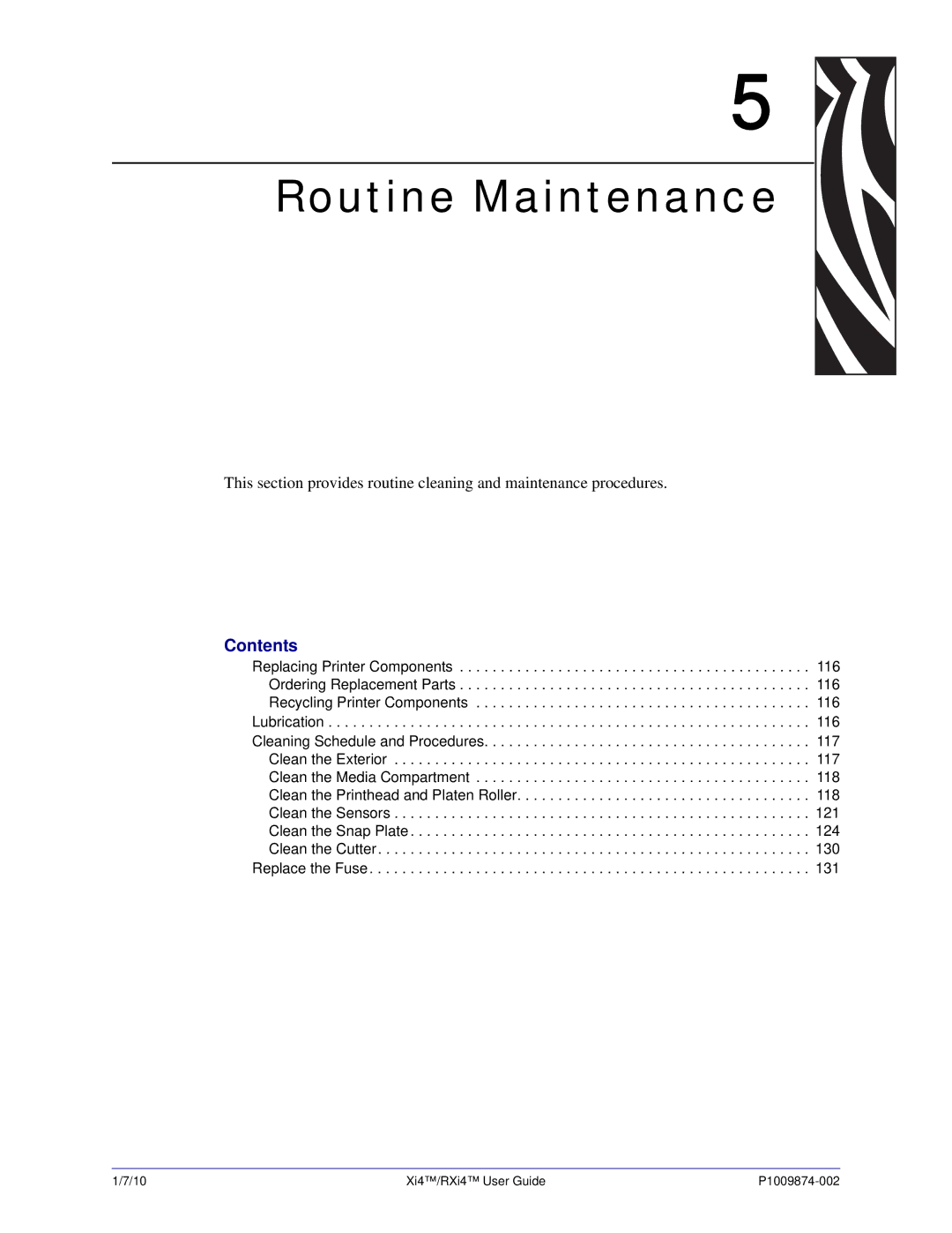 Zebra Technologies 22380100000, 14080100200, RXI4TM, 17080100200, 22080100000, 17280100000 Routine Maintenance, Contents 