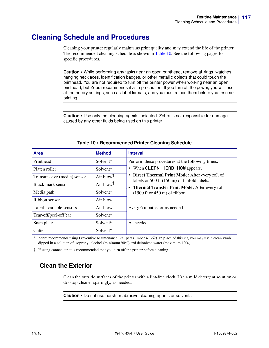 Zebra Technologies XI4TM Cleaning Schedule and Procedures, Clean the Exterior, 117, Recommended Printer Cleaning Schedule 