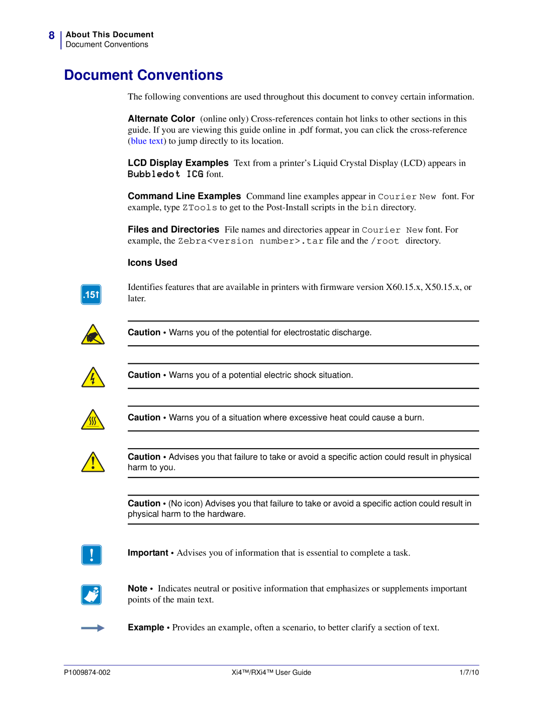 Zebra Technologies 11280100000, 14080100200, RXI4TM, 17080100200, 22080100000, 17280100000 Document Conventions, Icons Used 