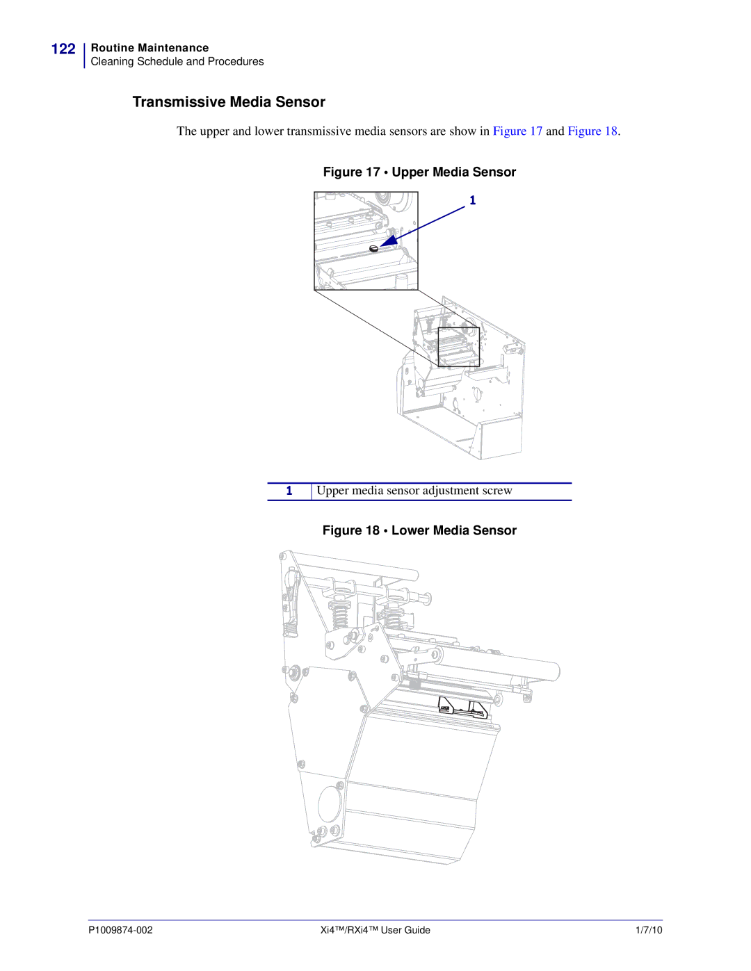 Zebra Technologies 17280100000, 14080100200, RXI4TM, 17080100200, 22080100000, 17080100000 manual 122, Upper Media Sensor 