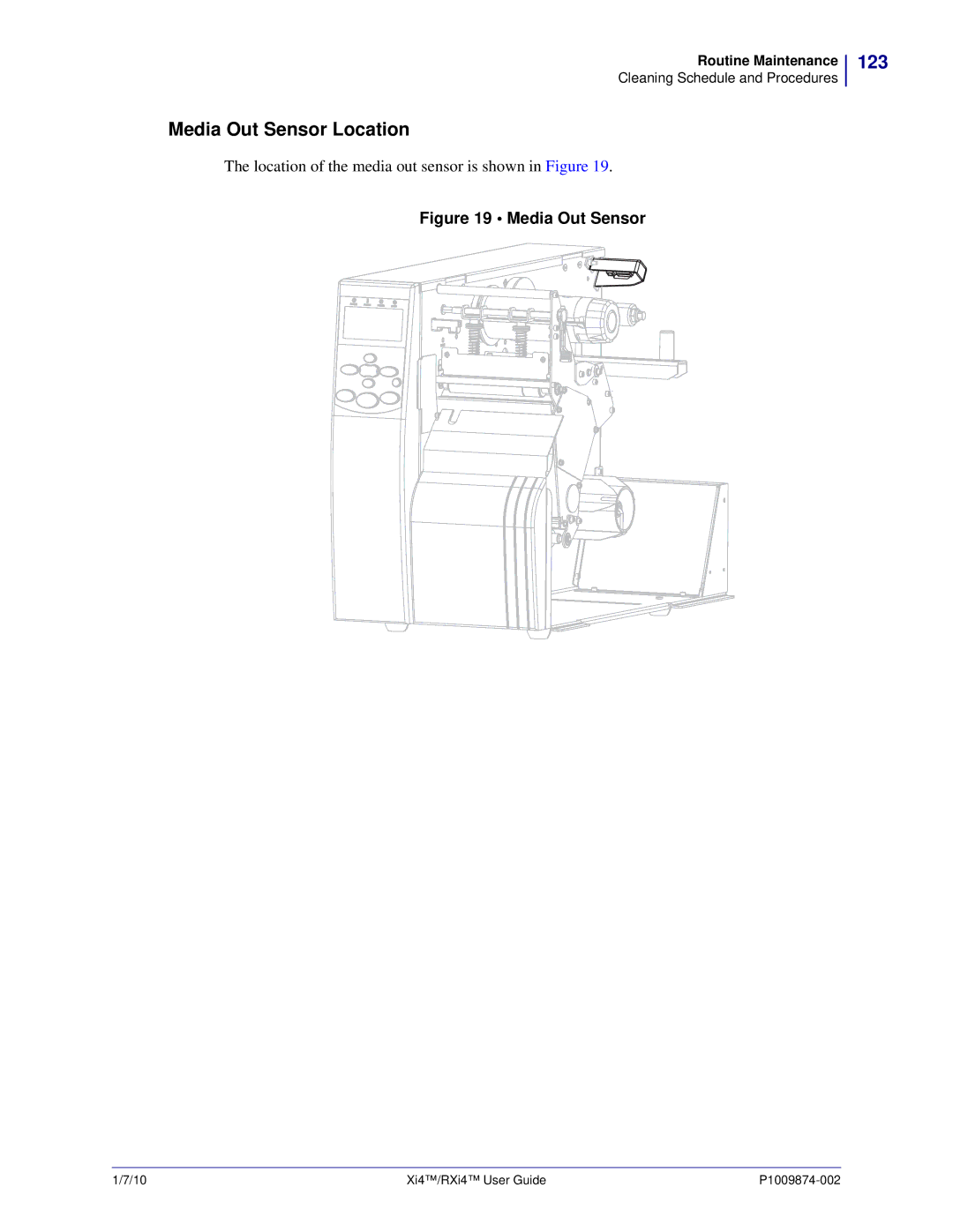 Zebra Technologies 17080100000, 14080100200, RXI4TM, 17080100200, 22080100000, 17280100000 manual 123, Media Out Sensor 