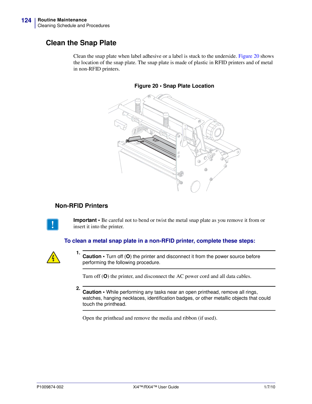 Zebra Technologies 11680100001, 14080100200, RXI4TM, 17080100200, 22080100000, 17280100000 manual Clean the Snap Plate, 124 