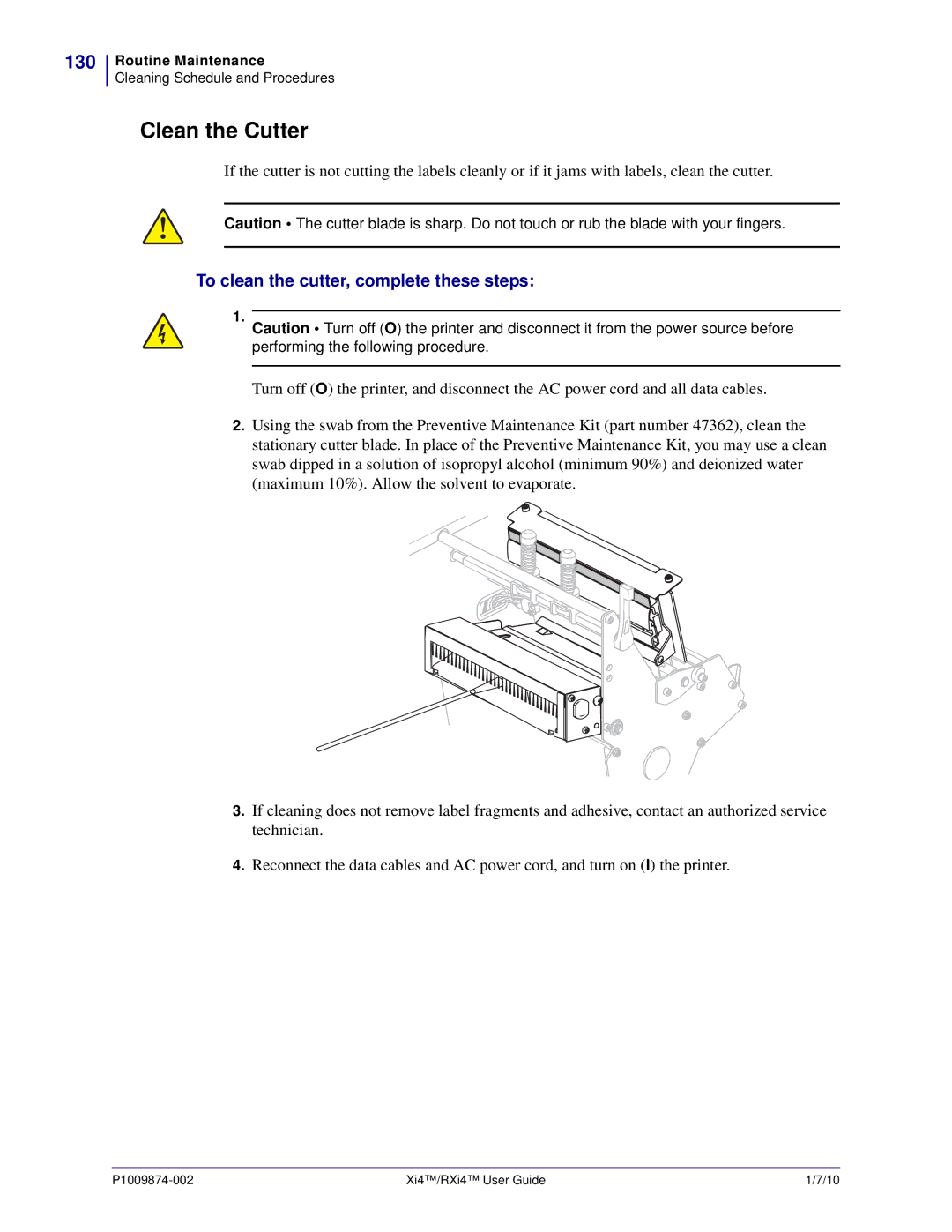 Zebra Technologies 14080100200, RXI4TM, 17080100200 Clean the Cutter, 130, To clean the cutter, complete these steps 