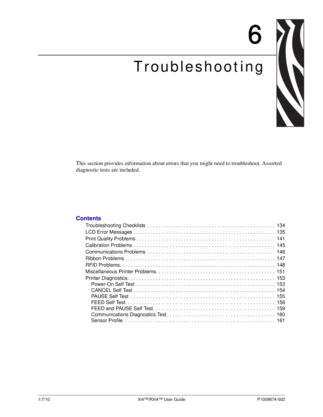 Zebra Technologies 17080100200, 14080100200, RXI4TM, 22080100000, 17280100000, 17080100000 manual Troubleshooting, Contents 