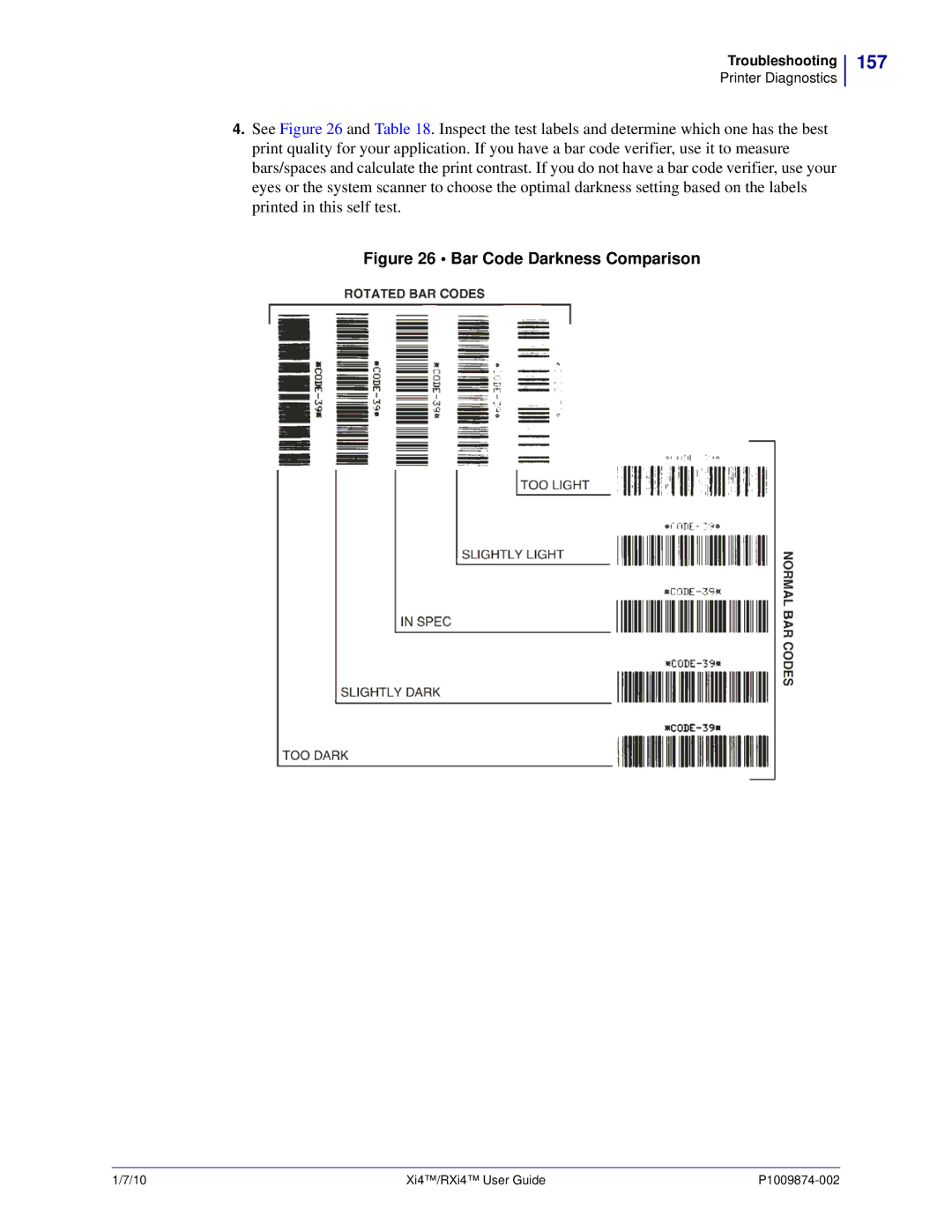 Zebra Technologies 14080100200, RXI4TM, 17080100200, 22080100000, 17280100000 manual 157, Bar Code Darkness Comparison 