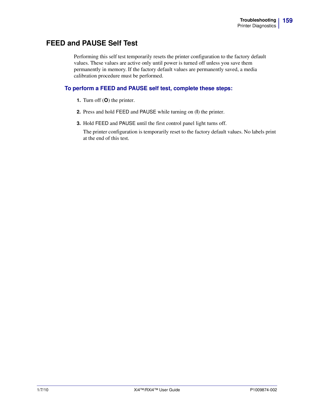 Zebra Technologies 17080100200 Feed and Pause Self Test, 159, To perform a Feed and Pause self test, complete these steps 