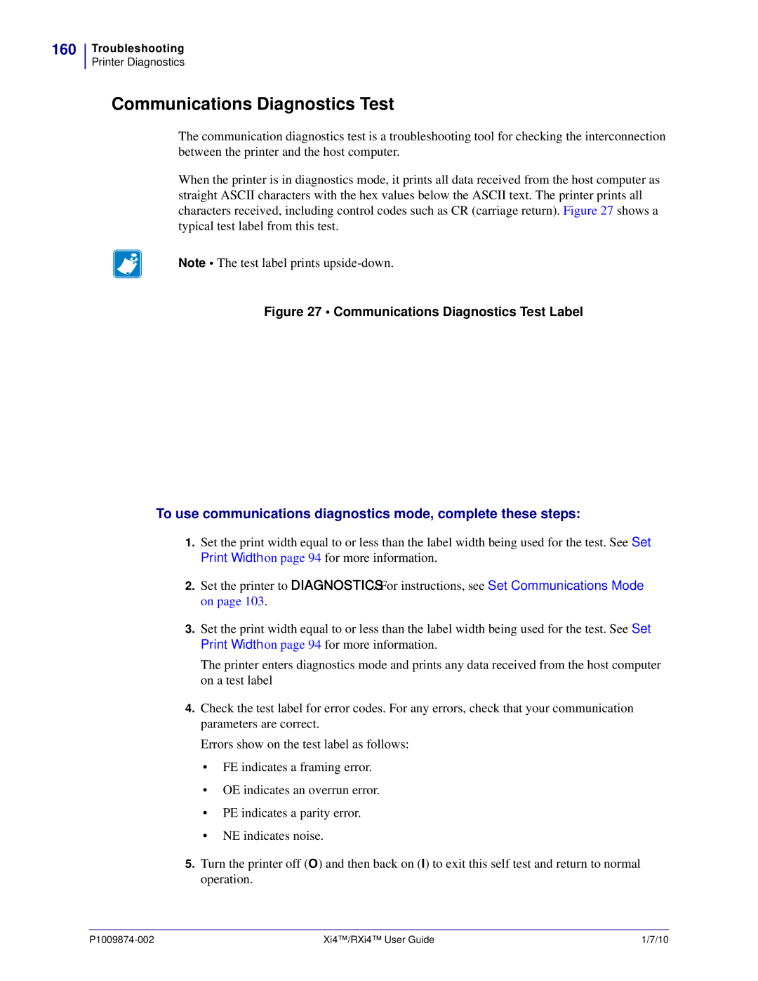 Zebra Technologies 22080100000, 14080100200, RXI4TM, 17080100200, 17280100000 manual Communications Diagnostics Test, 160 