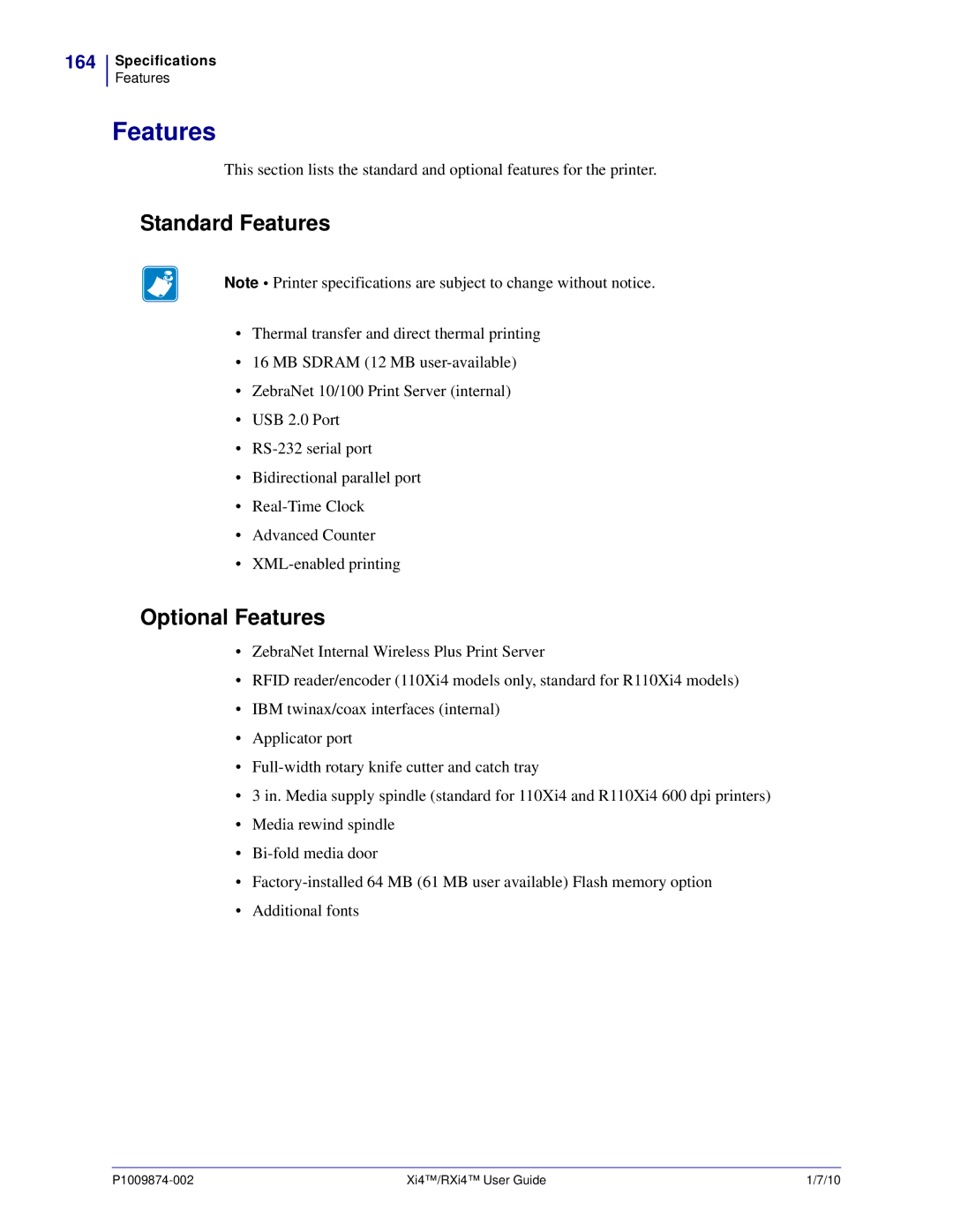Zebra Technologies 11680100201, 14080100200, RXI4TM, 17080100200 manual Standard Features, Optional Features, 164 