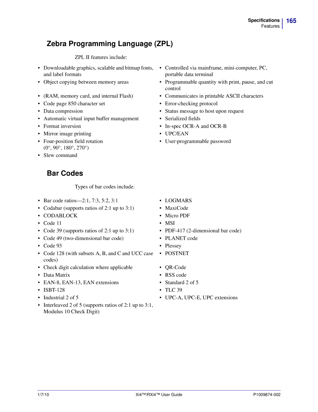 Zebra Technologies 14080100000, 14080100200, RXI4TM, 17080100200 manual Zebra Programming Language ZPL, Bar Codes, 165 