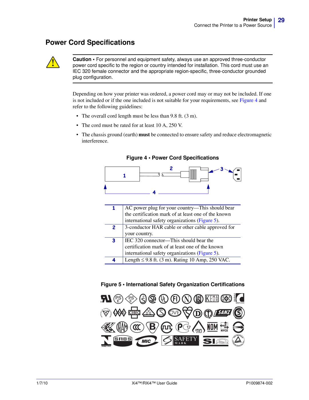 Zebra Technologies 17080100200, 14080100200, RXI4TM, 22080100000, 17280100000, 17080100000 manual Power Cord Specifications 