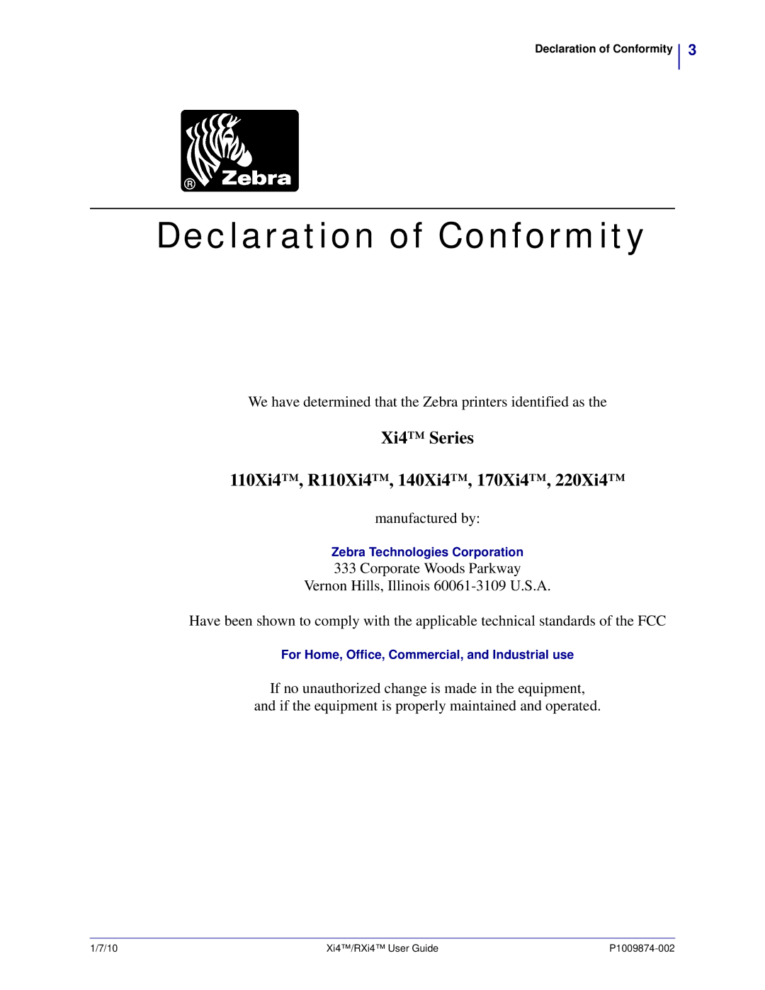 Zebra Technologies 17080100200, XI4TM, 14080100200 Declaration of Conformity, Xi4 Series 110Xi4, R110Xi4, 140Xi4, 170Xi4 