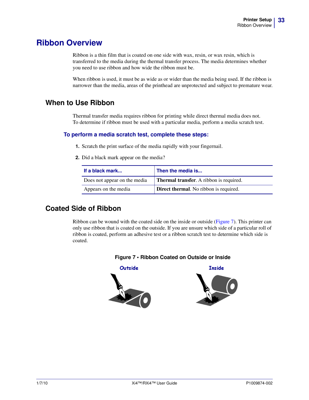 Zebra Technologies 11680100001, 14080100200, RXI4TM manual Ribbon Overview, When to Use Ribbon, Coated Side of Ribbon 