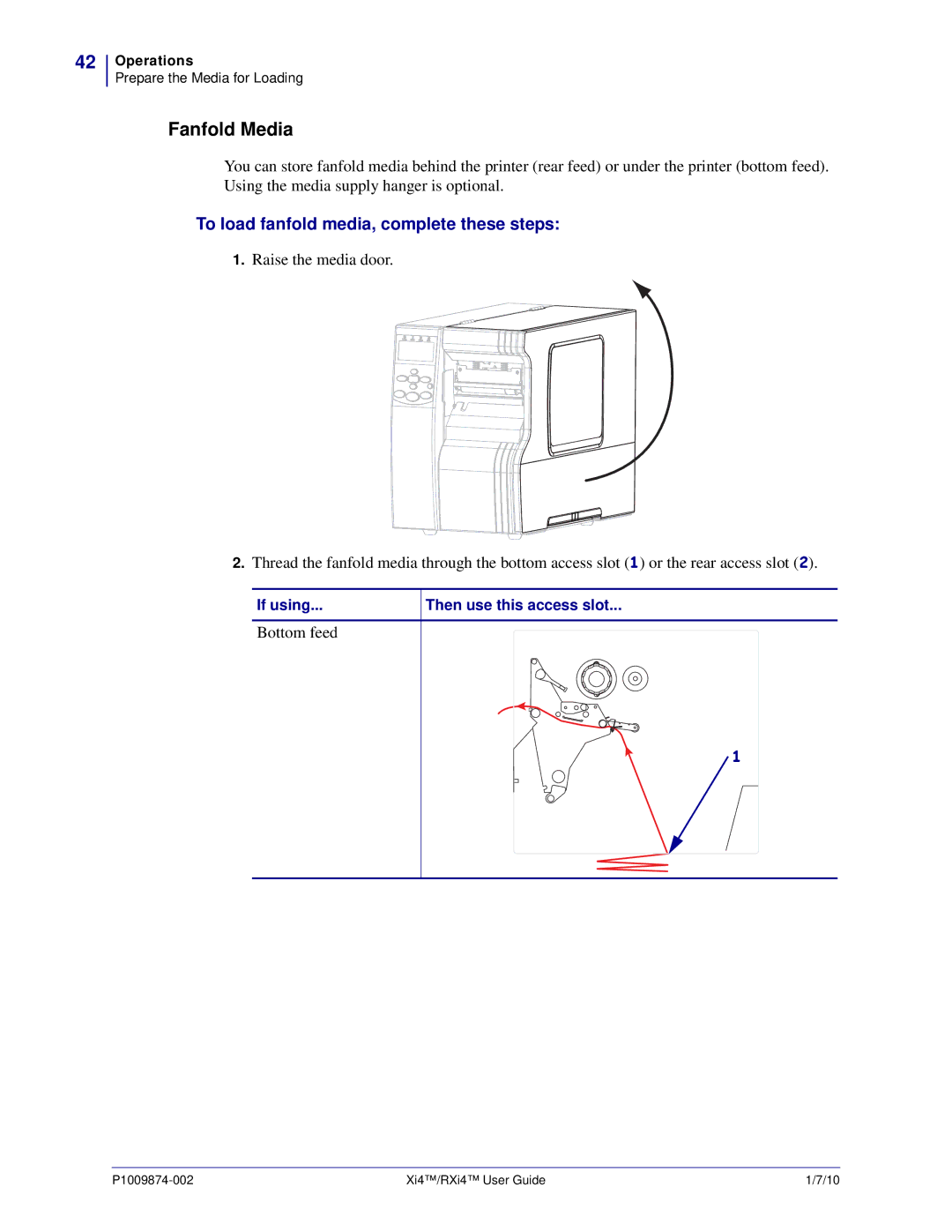 Zebra Technologies 17080100200, 14080100200, RXI4TM manual Fanfold Media, To load fanfold media, complete these steps 