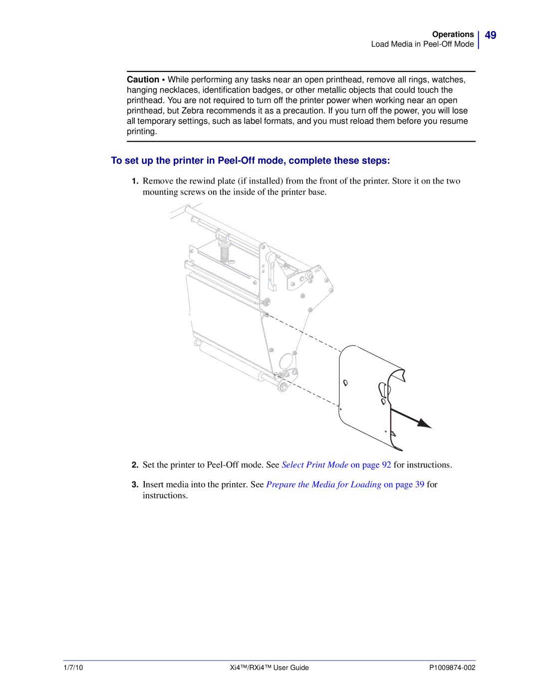 Zebra Technologies 11280100200, 14080100200, RXI4TM manual To set up the printer in Peel-Off mode, complete these steps 