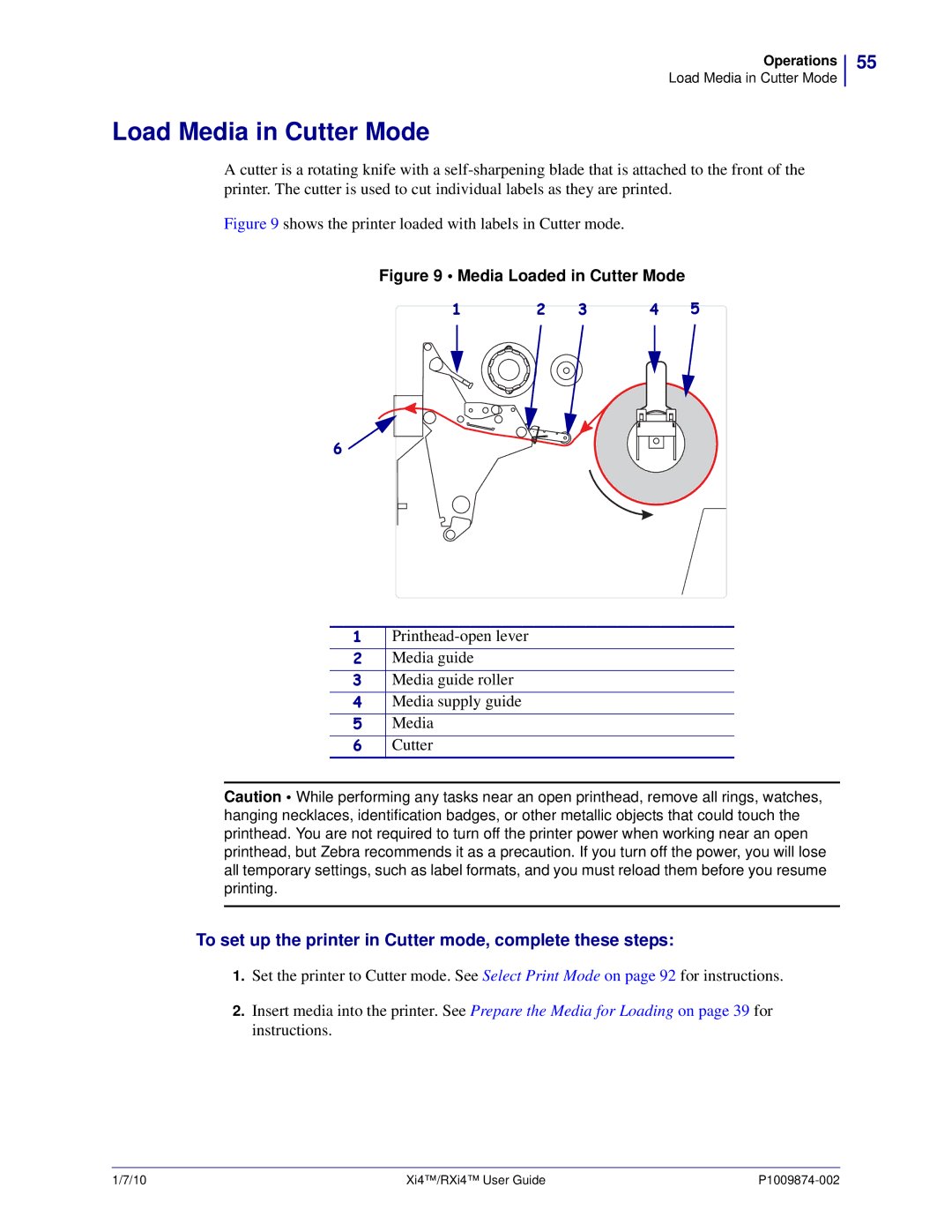 Zebra Technologies 17080100200 manual Load Media in Cutter Mode, To set up the printer in Cutter mode, complete these steps 