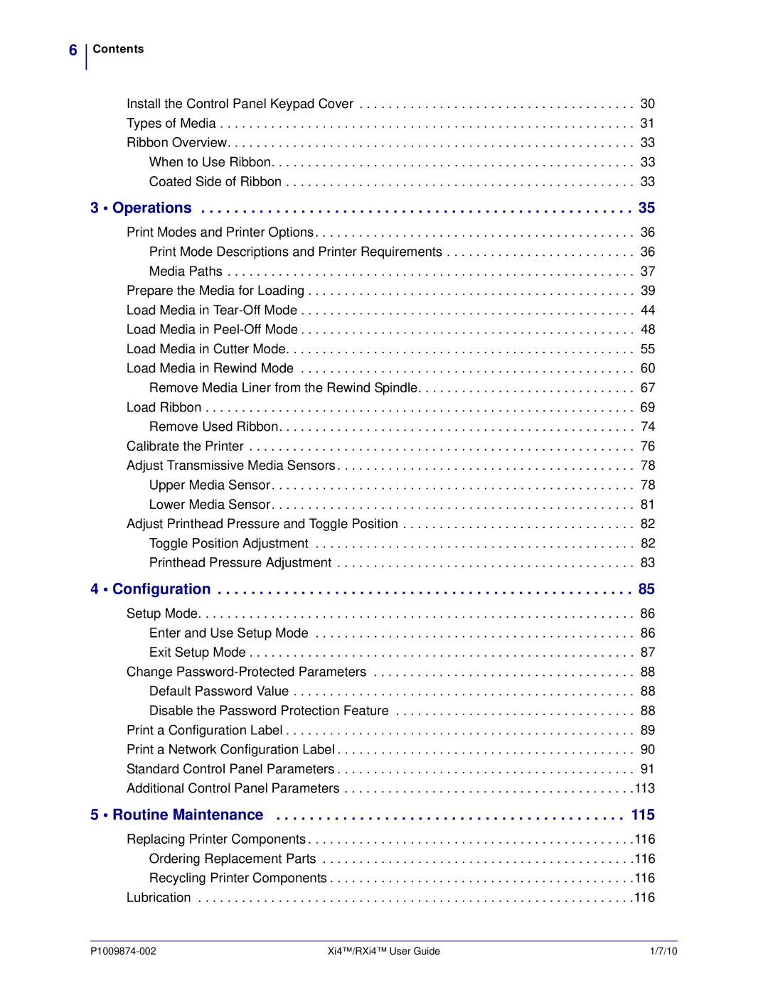 Zebra Technologies 17080100000, 14080100200, RXI4TM, 17080100200 manual Operations, Configuration, Routine Maintenance 115 