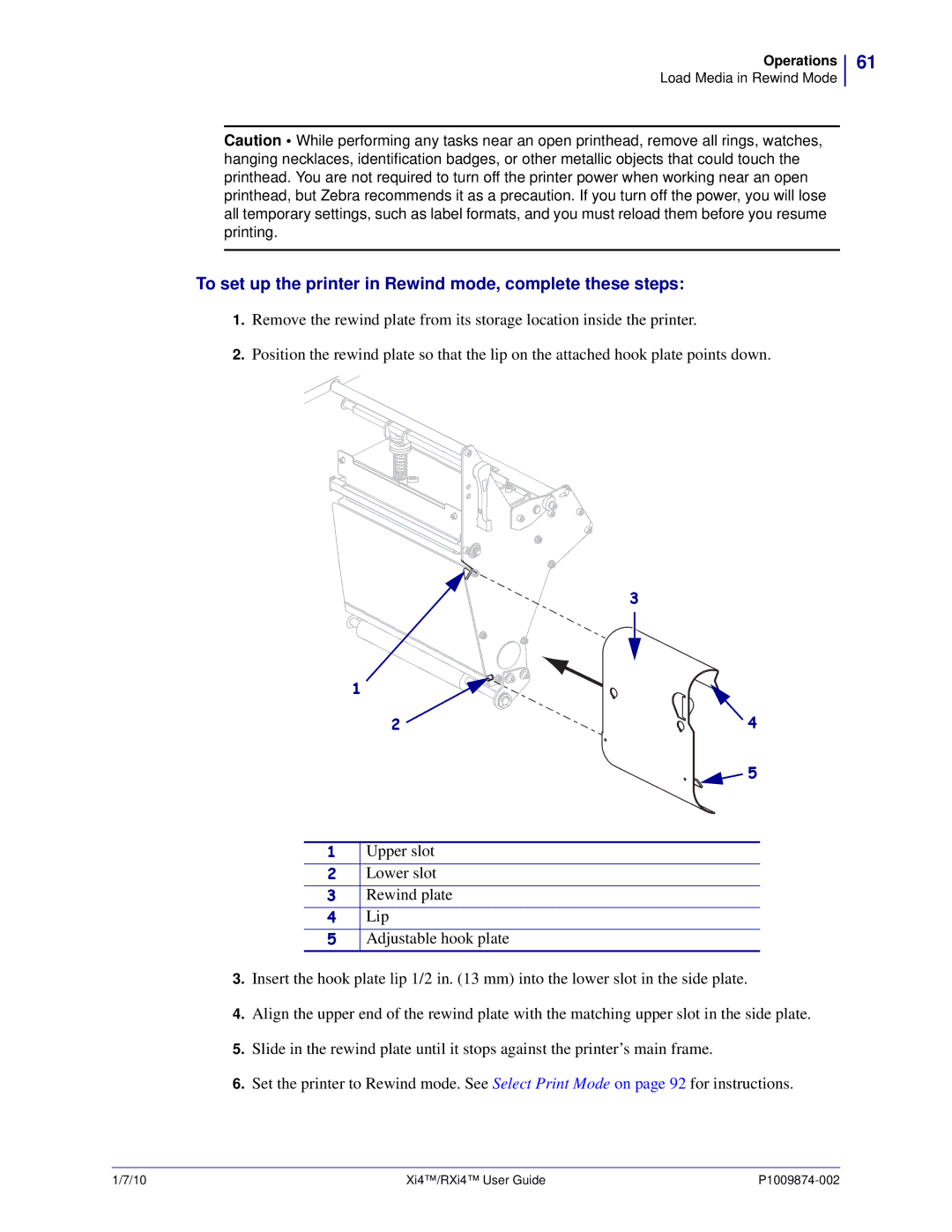 Zebra Technologies 14080100000, 14080100200, RXI4TM manual To set up the printer in Rewind mode, complete these steps 