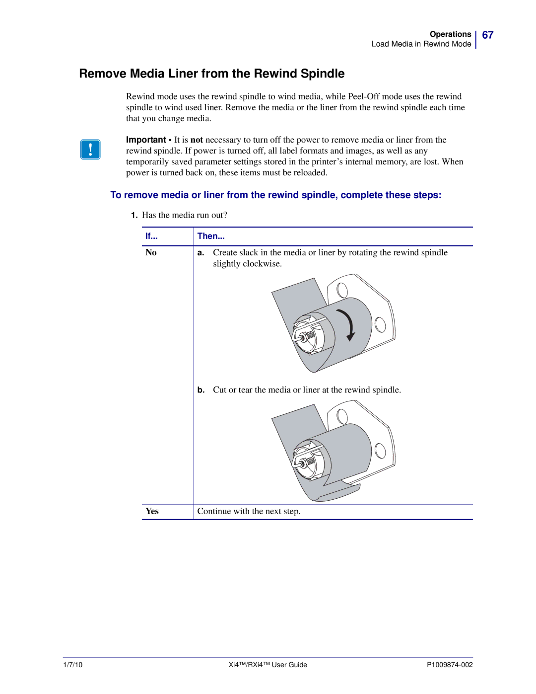 Zebra Technologies RXI4TM, 14080100200, 17080100200, 22080100000, 17280100000 Remove Media Liner from the Rewind Spindle, Yes 