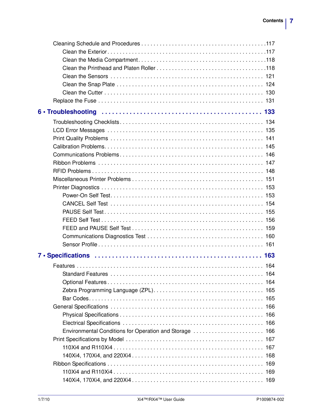 Zebra Technologies 11680100001, 14080100200, RXI4TM, 17080100200, 22080100000 manual Troubleshooting 133, Specifications 163 