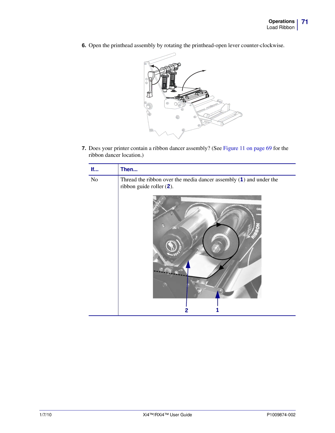 Zebra Technologies 17080100000, 14080100200, RXI4TM manual Thread the ribbon over the media dancer assembly 1 and under 