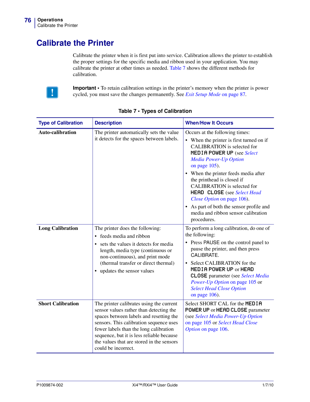 Zebra Technologies 22380100000, XI4TM manual Calibrate the Printer, Types of Calibration, Auto-calibration, Long Calibration 