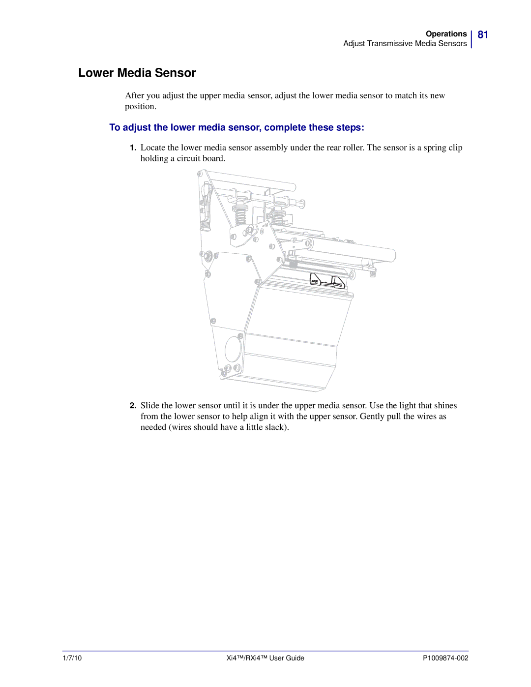 Zebra Technologies 17080100200, RXI4TM manual Lower Media Sensor, To adjust the lower media sensor, complete these steps 