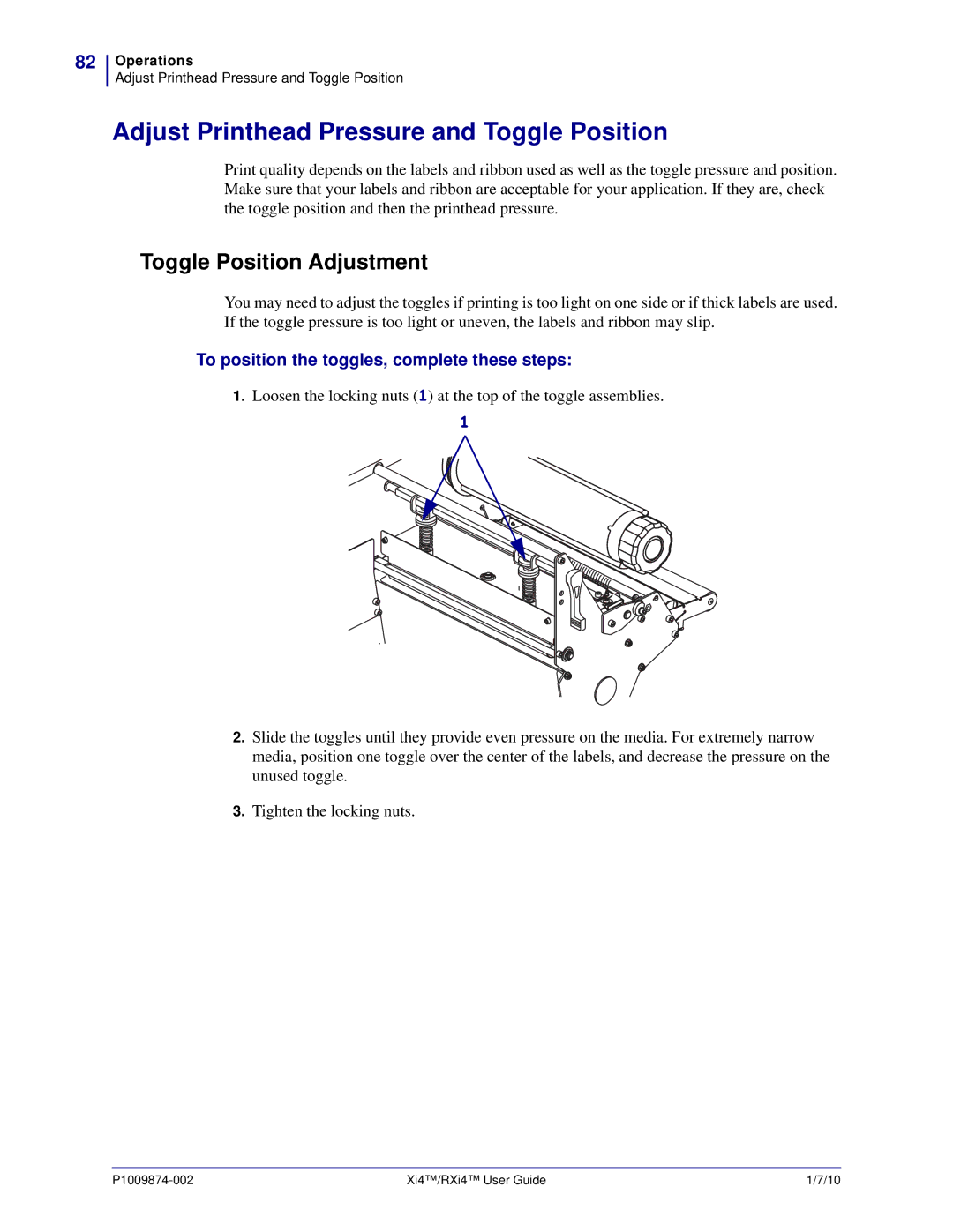 Zebra Technologies 22080100000, RXI4TM manual Adjust Printhead Pressure and Toggle Position, Toggle Position Adjustment 