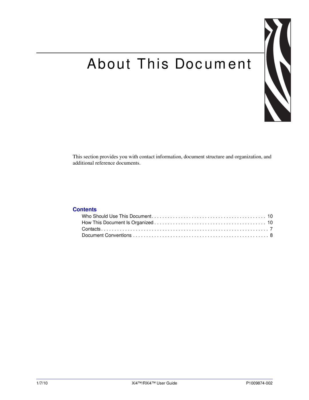 Zebra Technologies 14080100000, 14080100200, RXI4TM, 17080100200, 22080100000, 17280100000 About This Document, Contents 