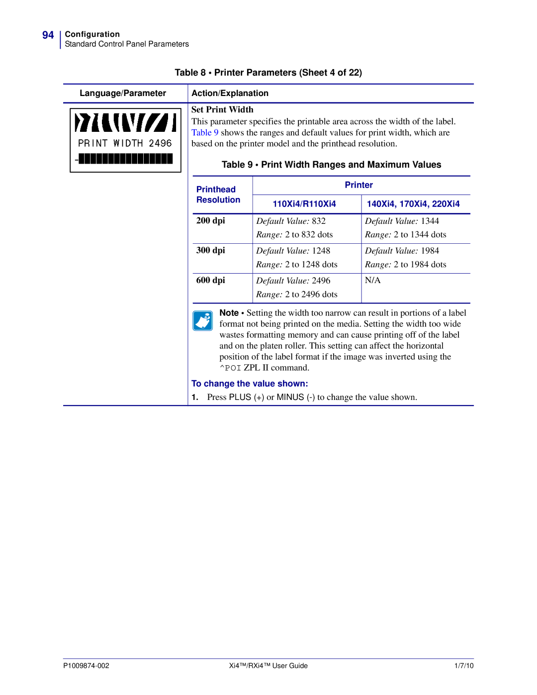 Zebra Technologies 17080100200, XI4TM Printer Parameters Sheet 4, Set Print Width, Print Width Ranges and Maximum Values 