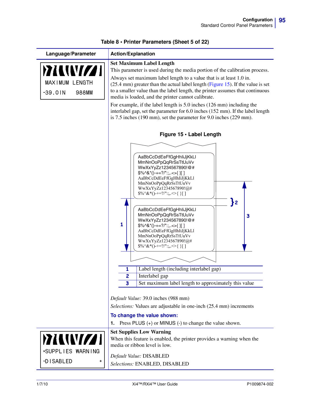 Zebra Technologies 22080100000, XI4TM manual Printer Parameters Sheet 5, Set Maximum Label Length, Set Supplies Low Warning 