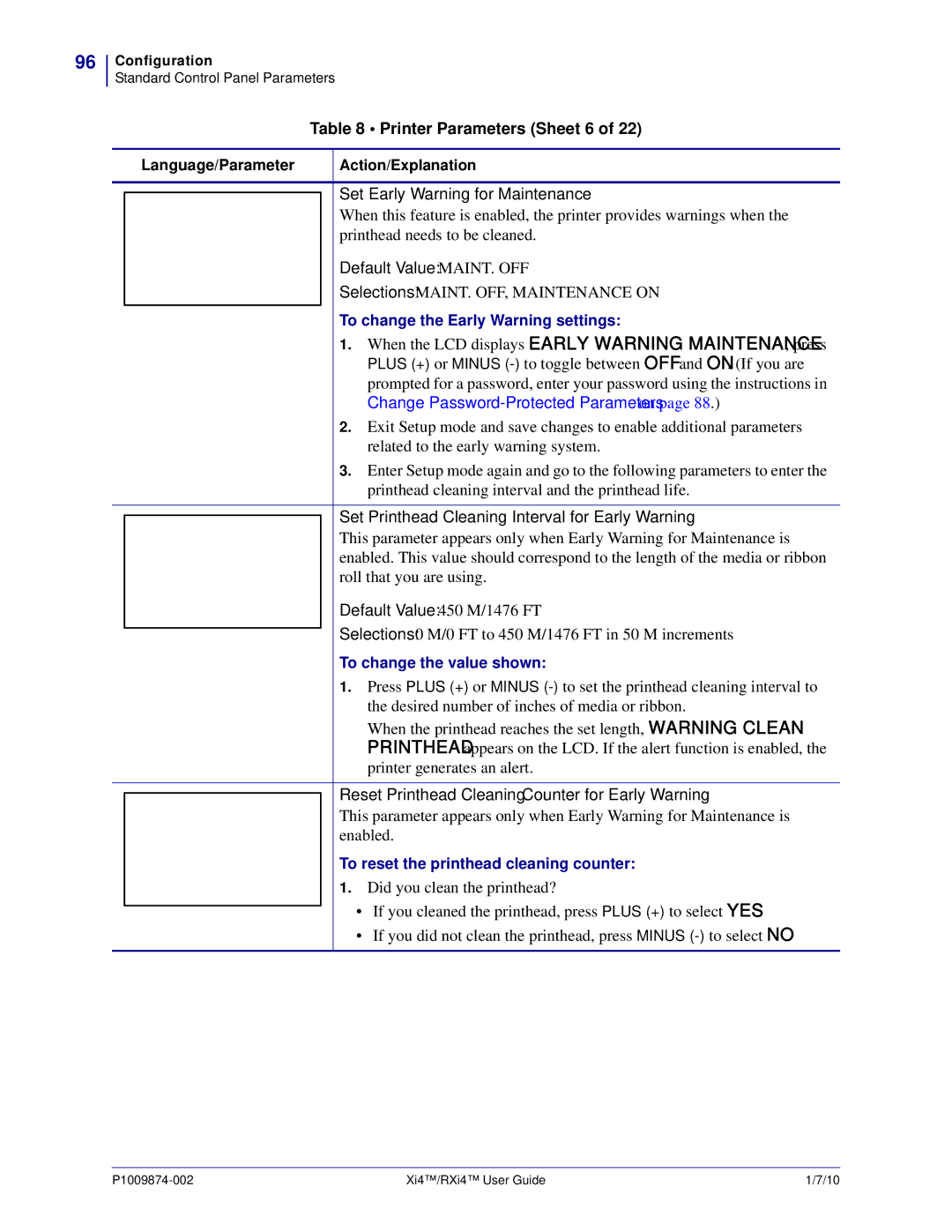 Zebra Technologies 17280100000, 14080100200, RXI4TM manual Printer Parameters Sheet 6, Set Early Warning for Maintenance 