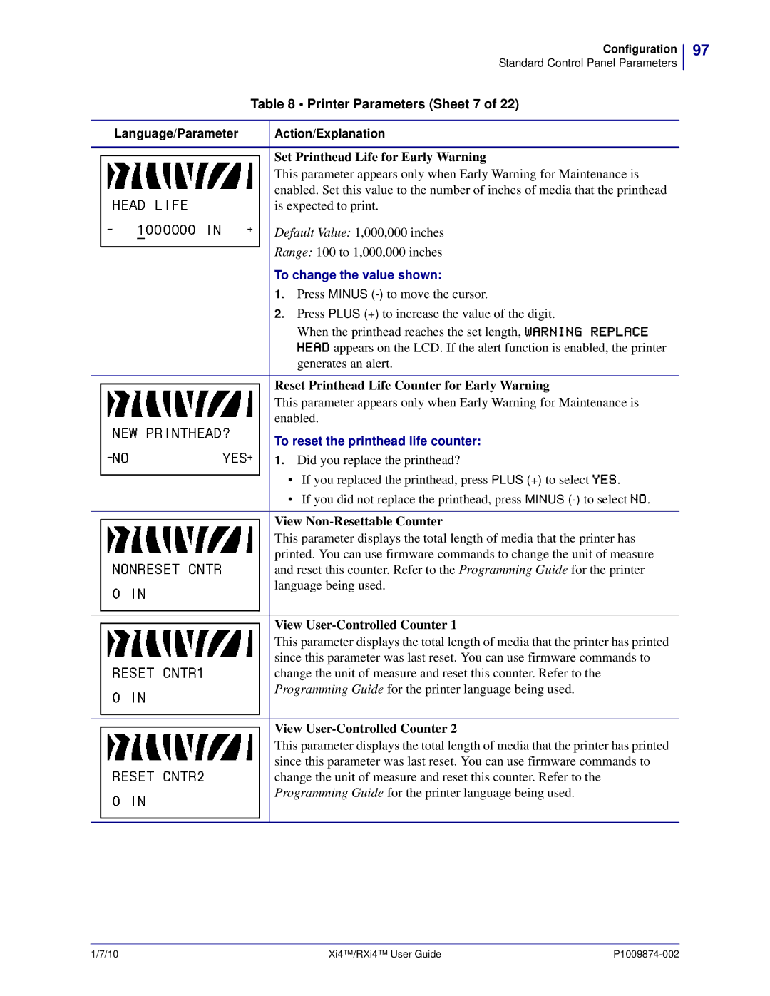 Zebra Technologies 17080100000, 14080100200, RXI4TM Printer Parameters Sheet 7, Set Printhead Life for Early Warning 