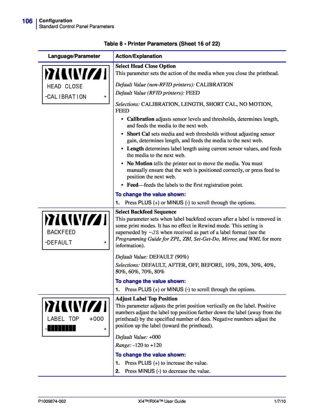 Zebra Technologies RXI4TM manual Printer Parameters Sheet 16 of, Select Head Close Option, Default Value RFID printers FEED 
