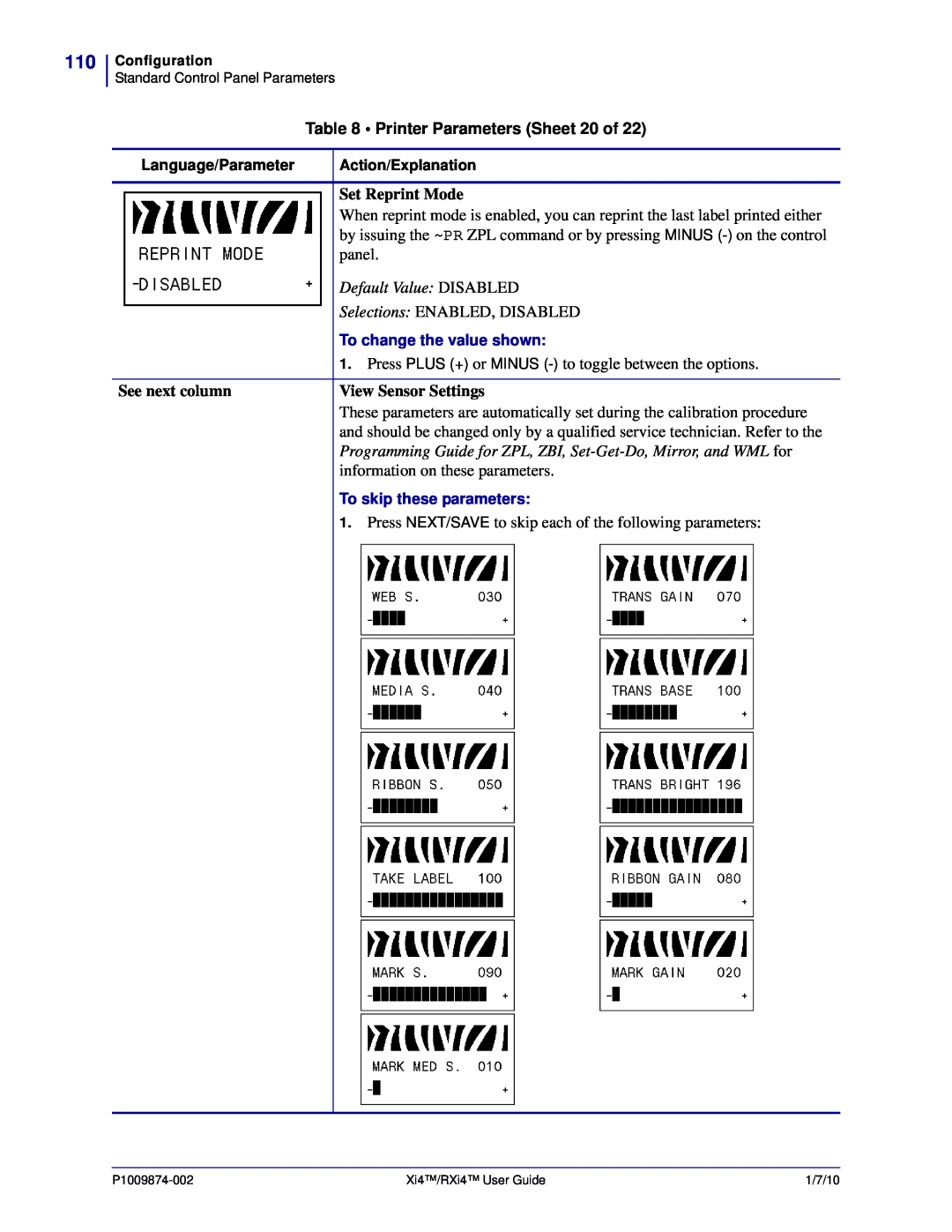 Zebra Technologies 17080100000 Printer Parameters Sheet 20 of, Set Reprint Mode, Default Value DISABLED, See next column 