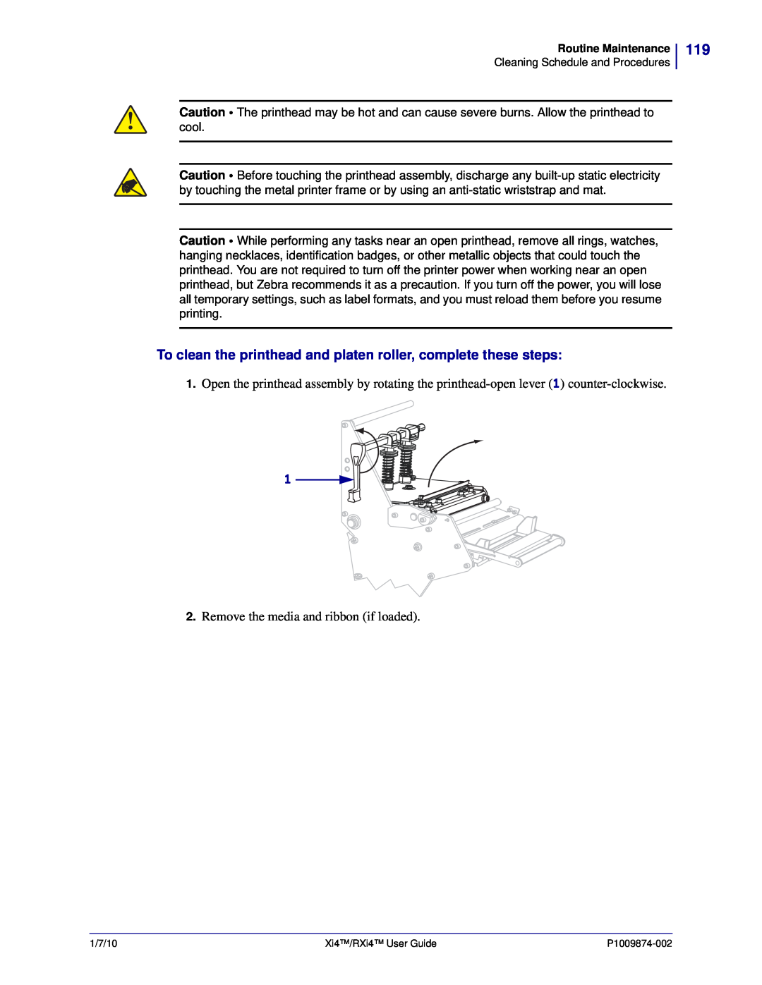Zebra Technologies RXI4TM, 14080100200, 17080100200 manual To clean the printhead and platen roller, complete these steps 