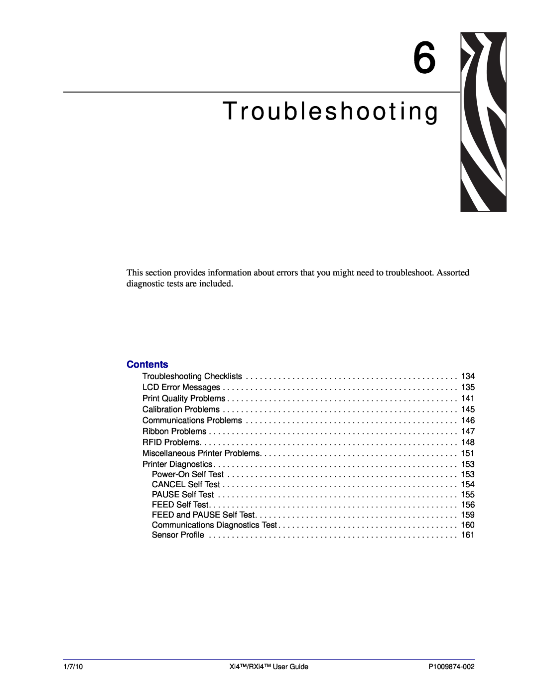 Zebra Technologies 17080100200, 14080100200, RXI4TM, 22080100000, 17280100000, 17080100000 manual Troubleshooting, Contents 