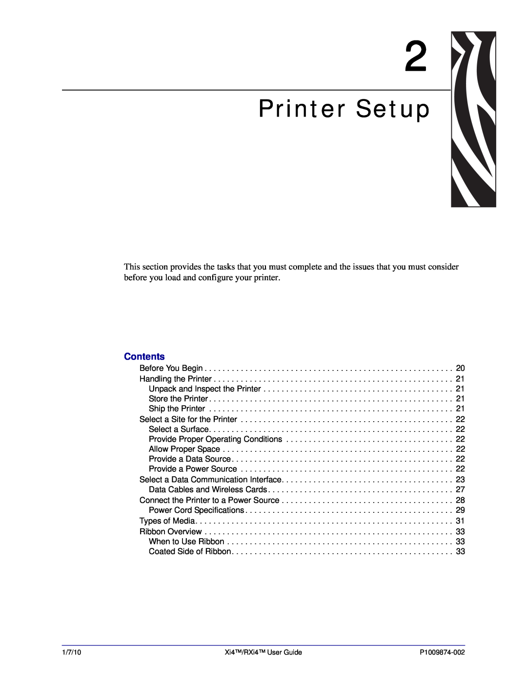 Zebra Technologies 17080100000, 14080100200, RXI4TM, 17080100200, 22080100000, 17280100000 manual Printer Setup, Contents 