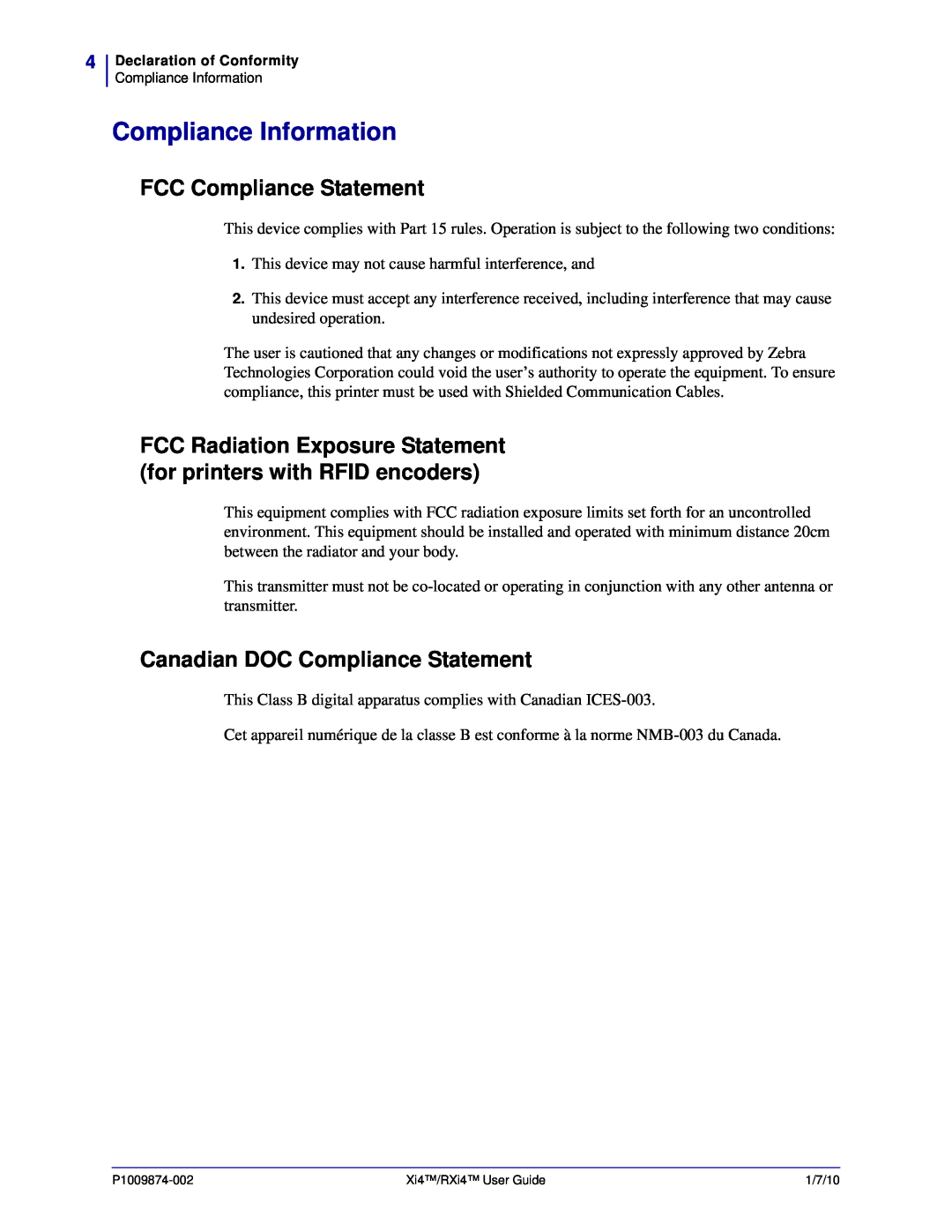 Zebra Technologies 22080100000, XI4TM Compliance Information, FCC Compliance Statement, Canadian DOC Compliance Statement 