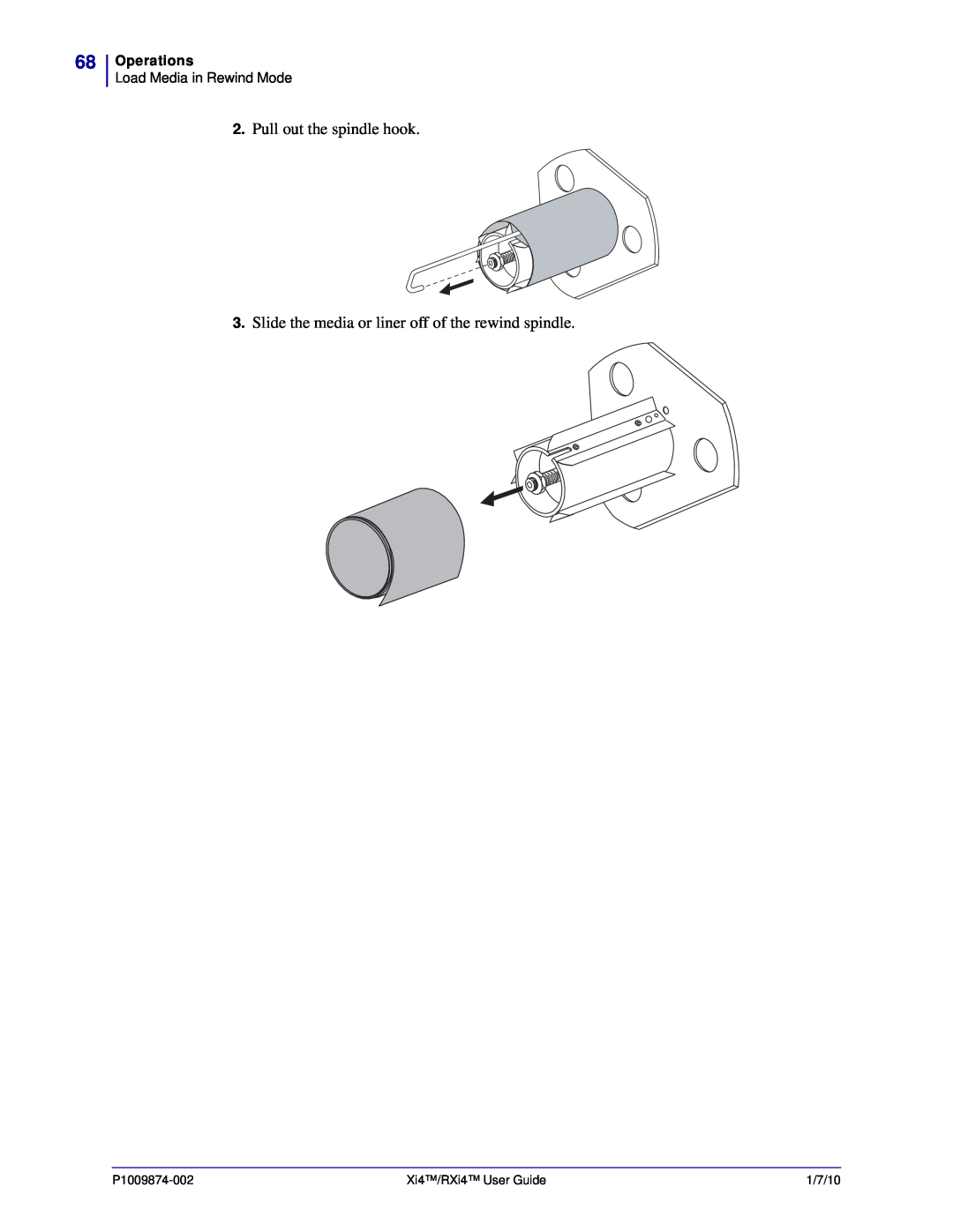 Zebra Technologies 17080100200 Pull out the spindle hook, Slide the media or liner off of the rewind spindle, Operations 