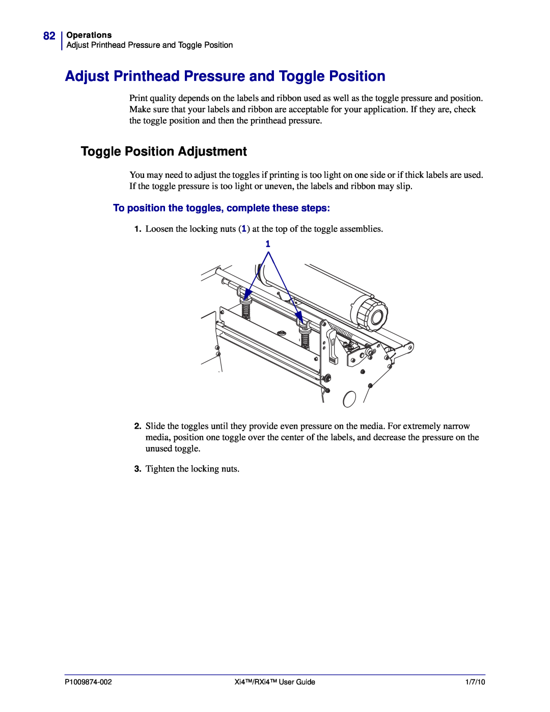 Zebra Technologies 22080100000, RXI4TM manual Adjust Printhead Pressure and Toggle Position, Toggle Position Adjustment 