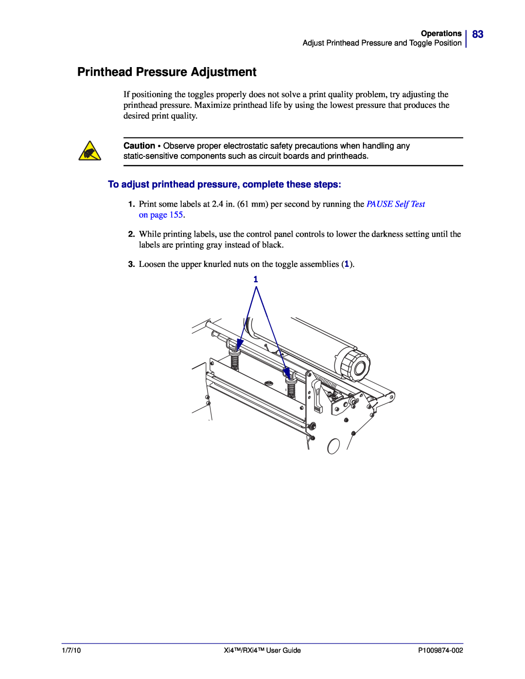 Zebra Technologies 17280100000, XI4TM Printhead Pressure Adjustment, To adjust printhead pressure, complete these steps 