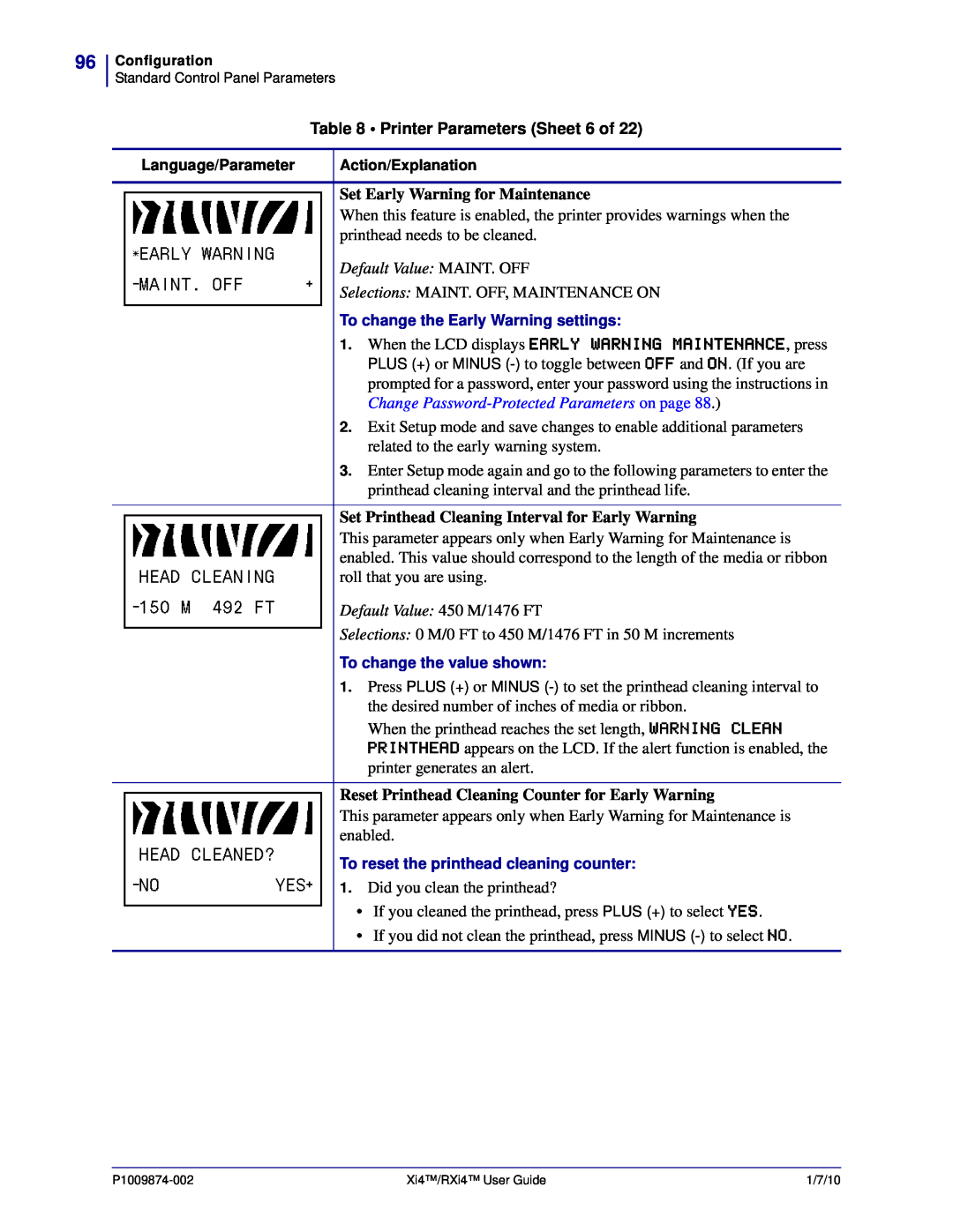 Zebra Technologies 17280100000 Printer Parameters Sheet 6 of, Set Early Warning for Maintenance, Default Value MAINT. OFF 