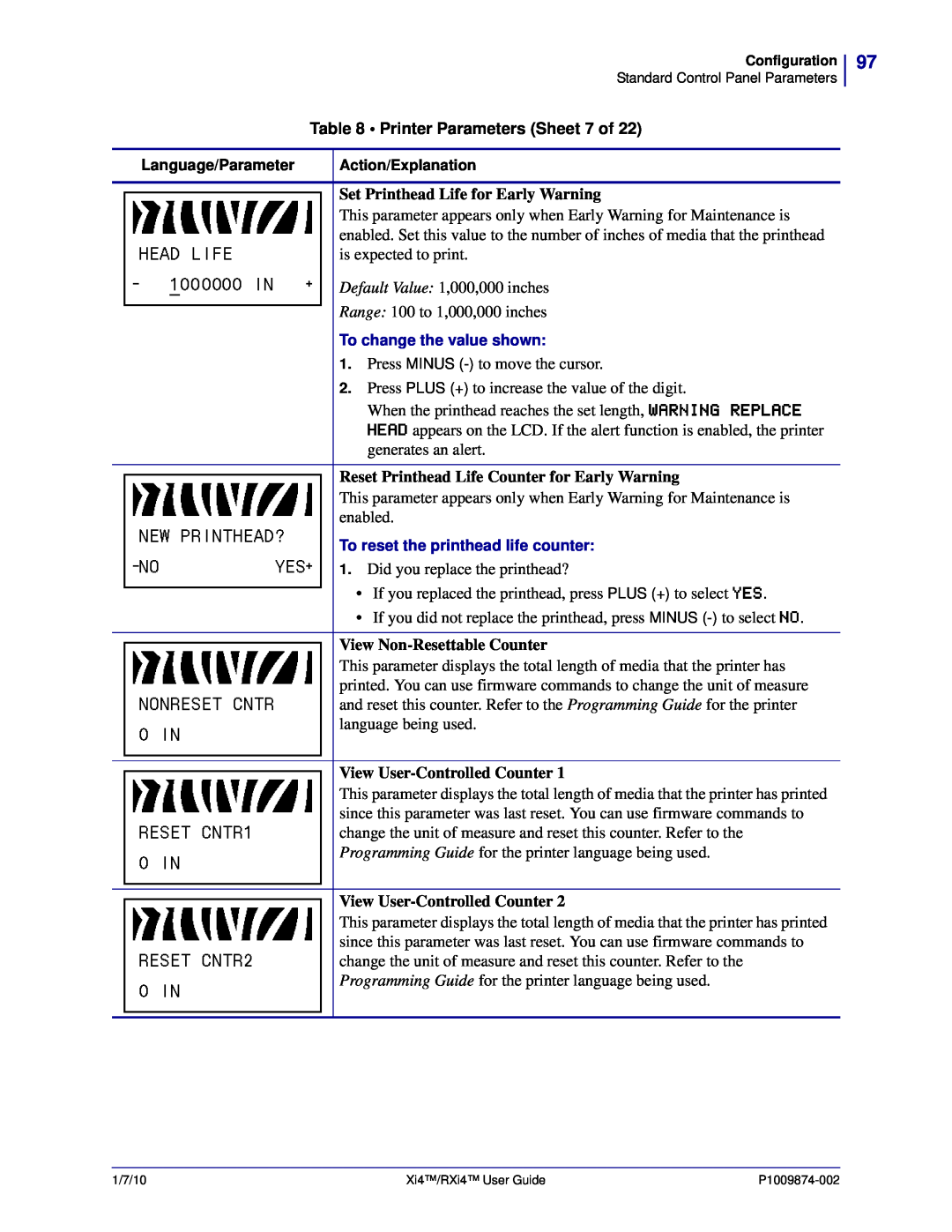 Zebra Technologies 17080100000, XI4TM, 14080100200 manual Printer Parameters Sheet 7 of, Set Printhead Life for Early Warning 