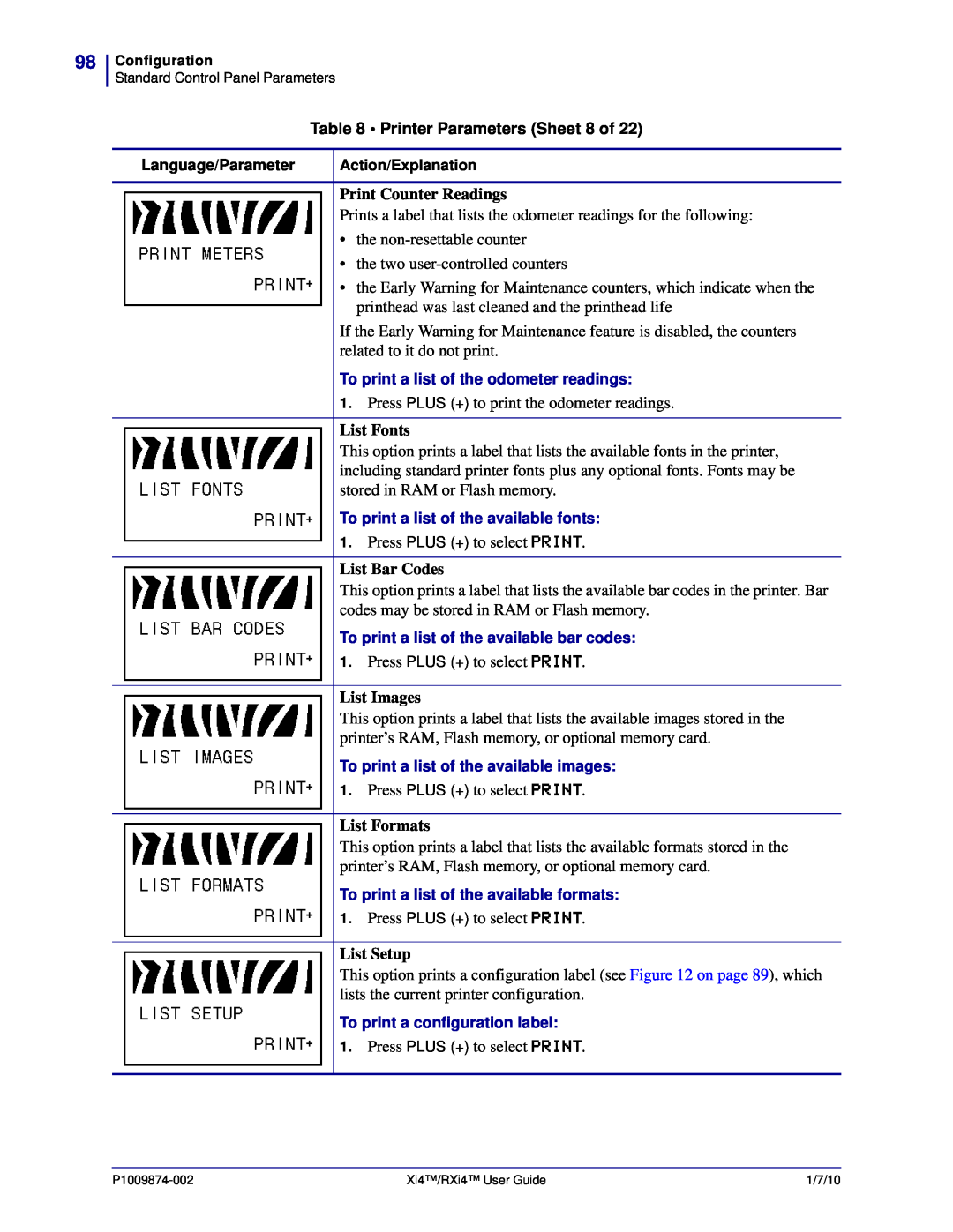 Zebra Technologies 11680100001, XI4TM Printer Parameters Sheet 8 of, Print Counter Readings, List Fonts, List Bar Codes 