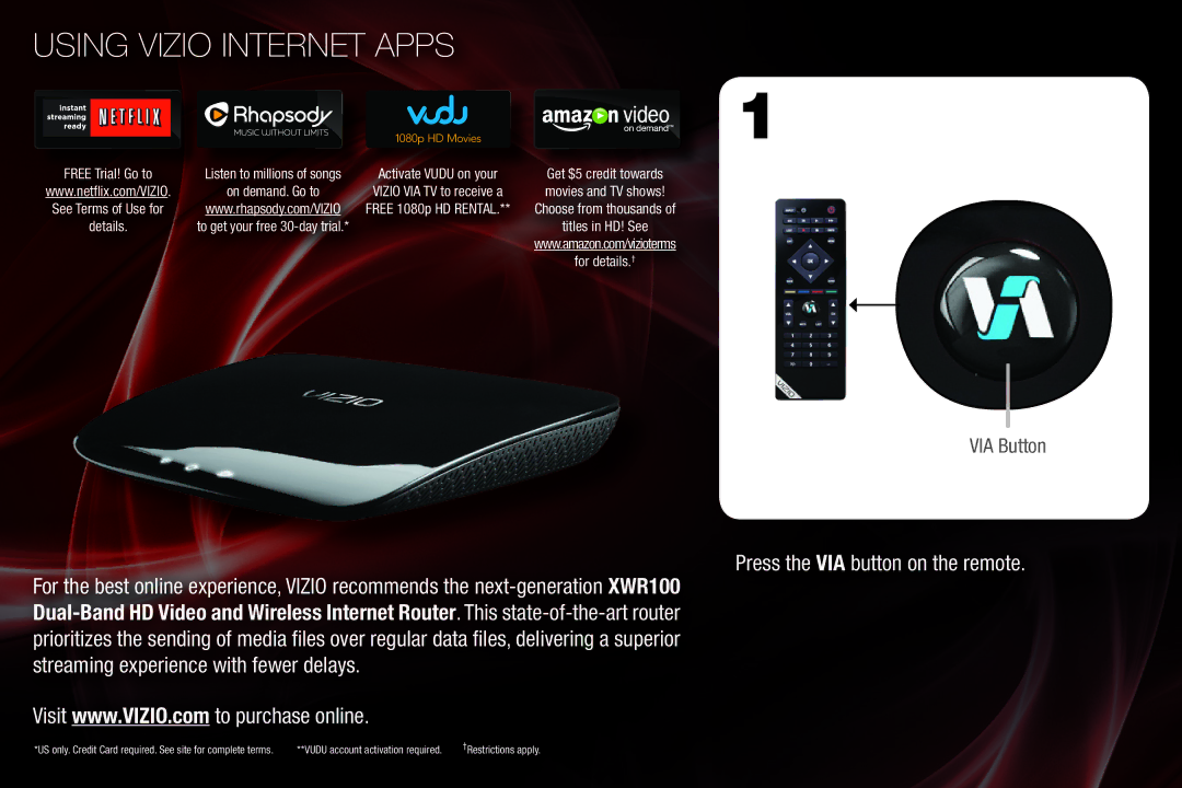 Zebra Technologies XVT3D650SV quick start Using Vizio Internet Apps, Get $5 credit towards 