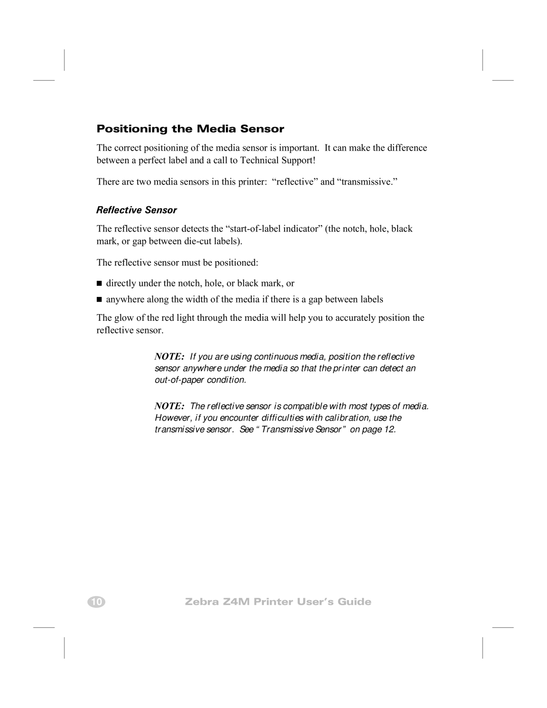 Zebra Technologies Z4M manual Positioning the Media Sensor, Reflective Sensor 