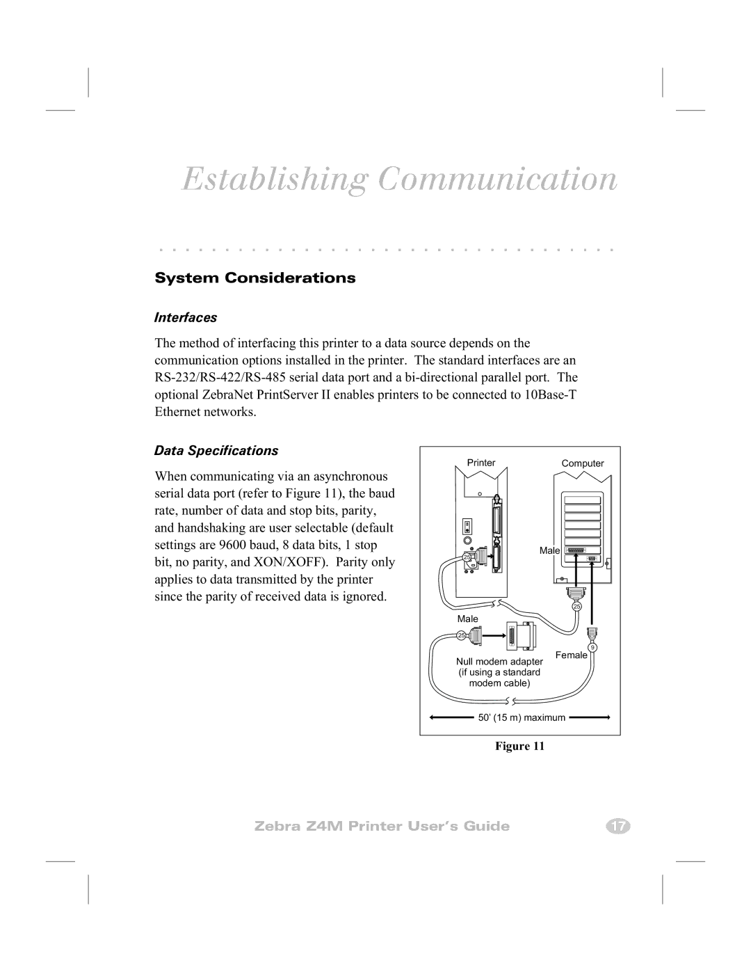 Zebra Technologies Z4M manual Establishing Communication, System Considerations, Interfaces, Data Specifications 