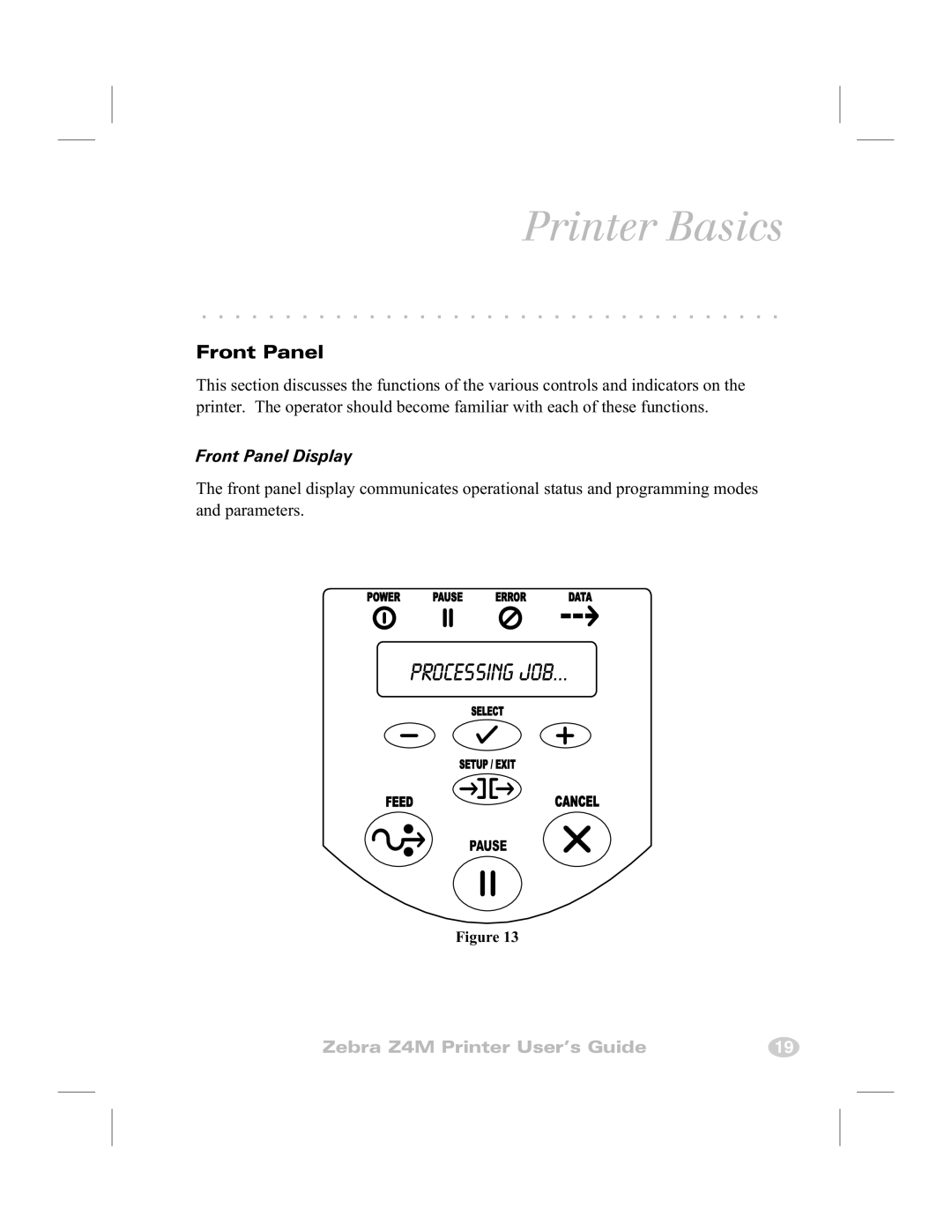 Zebra Technologies Z4M manual Printer Basics, Front Panel Display 