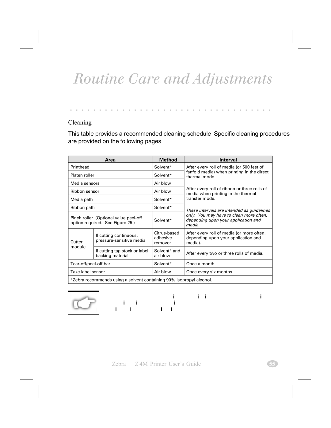 Zebra Technologies Z4M manual Routine Care and Adjustments, Cleaning 