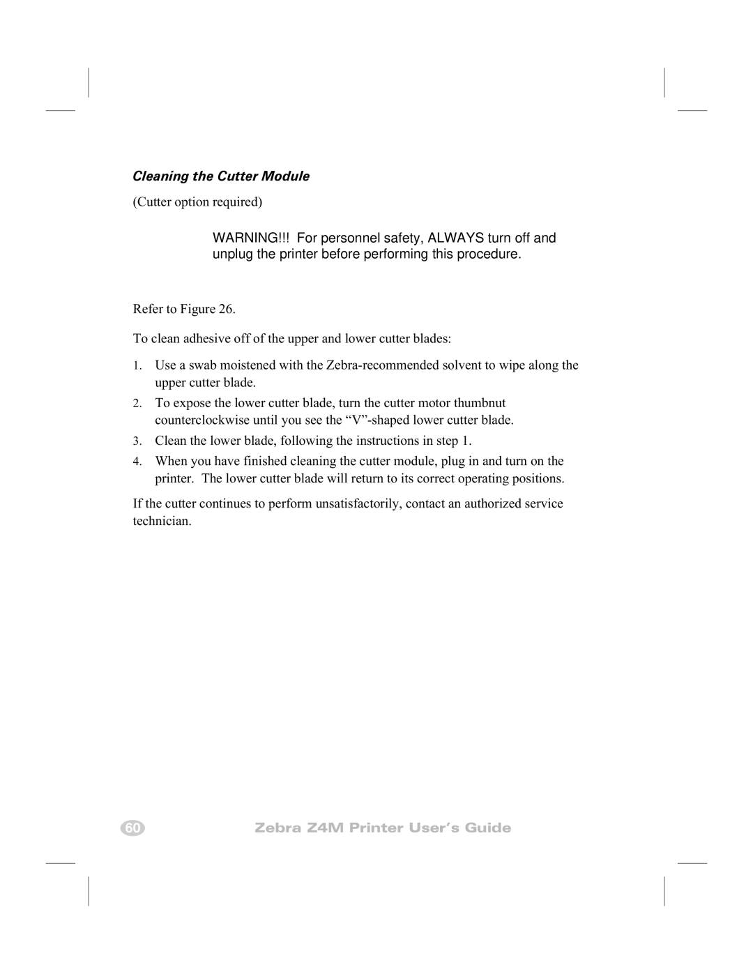 Zebra Technologies Z4M manual Cleaning the Cutter Module 